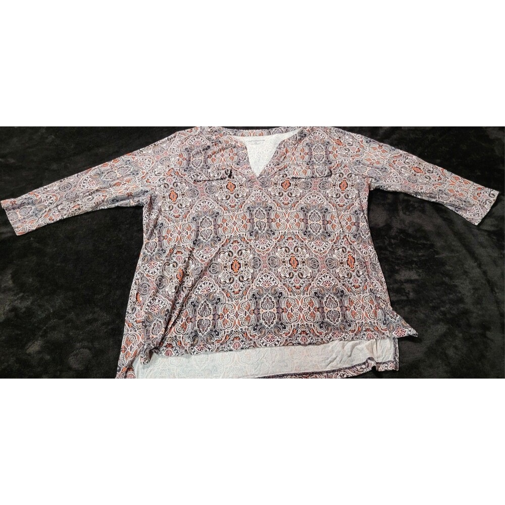 Woman's Croft & Barrow Size 1X Paisley 3/4 Sleeve Shirt V-Neck Top